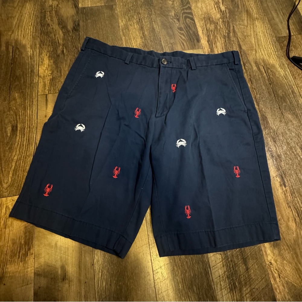 BROOKS BROTHERS MENs W40 embroidered lobsters FLAT FRONT chino NAVY SHORTS